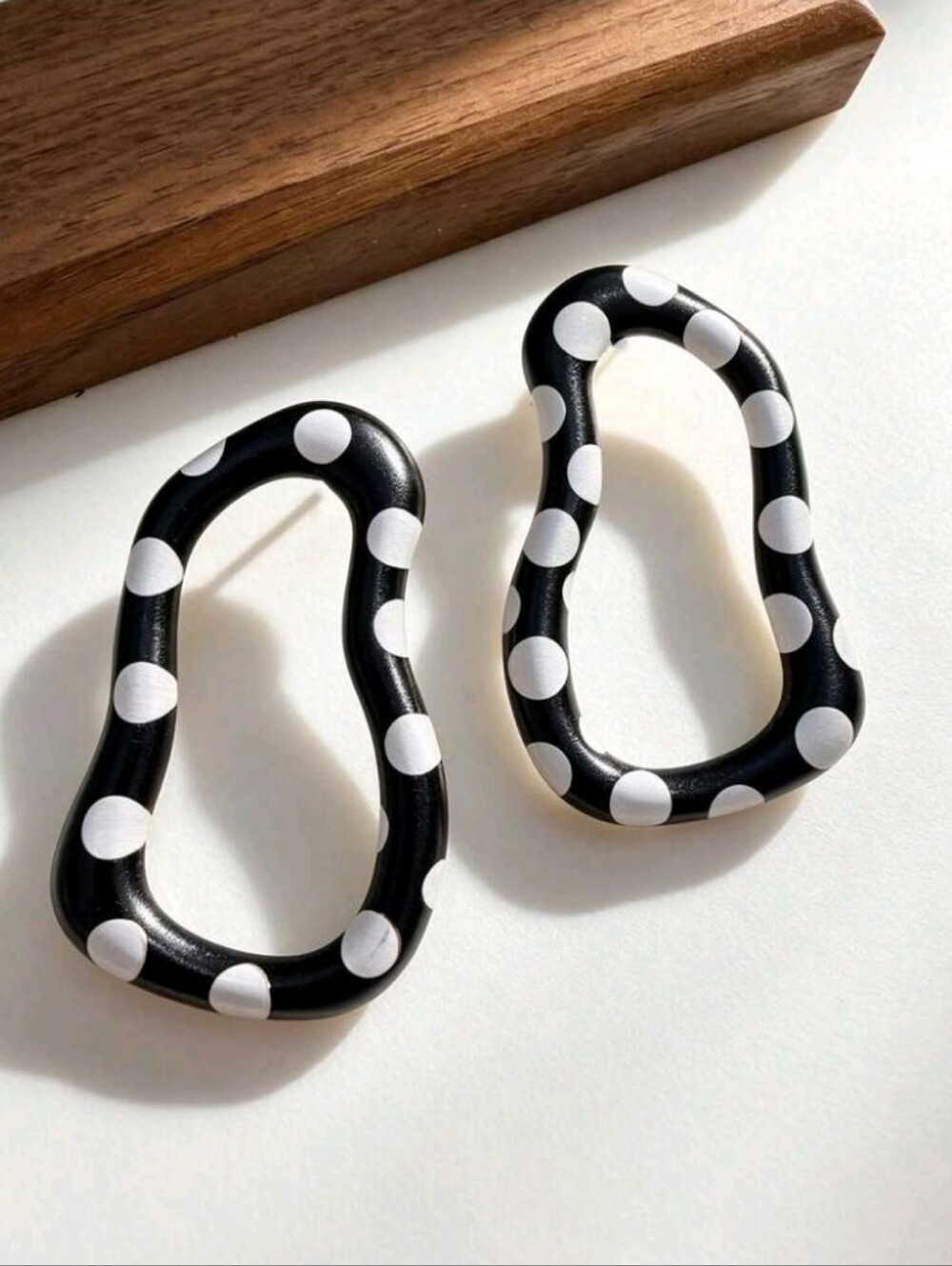 NEW! Statement Gold Eanamel Black and White Polka Dot Asymetrical Post Earrings